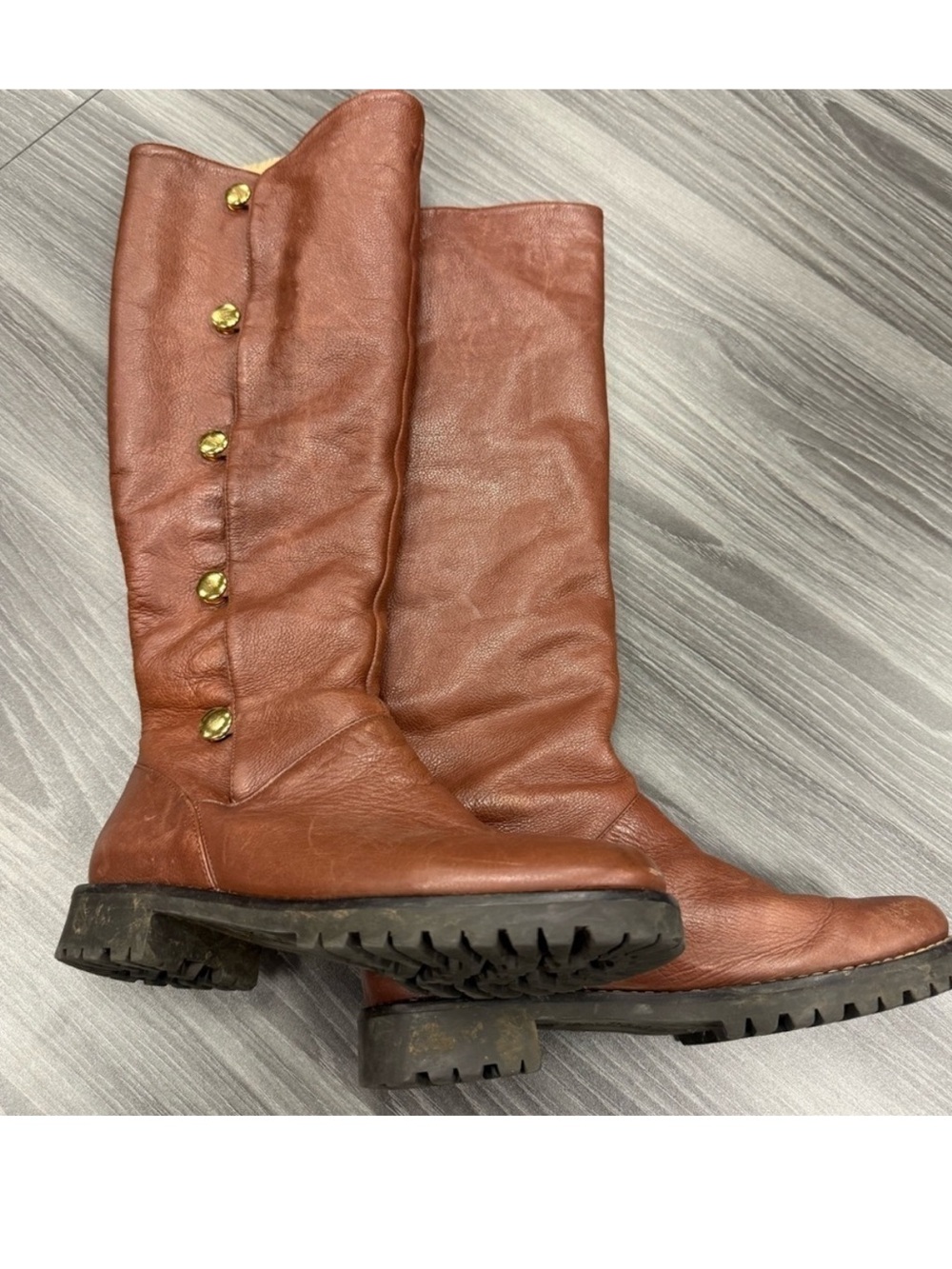 Michael Kors Tall Brown Leather Riding Boots Faux Fur Lined Snap Up Size 6.5 M